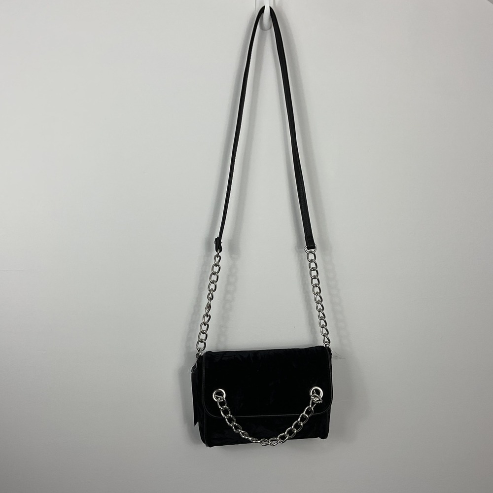Madden Girl Black Velvet Crossbody Bag Silver Chain Accent Flap New
